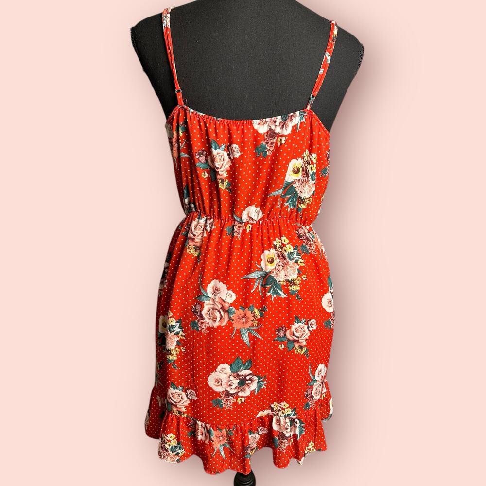 Everly Red Floral Ruffled Faux Wrap Mini Sun Dress Womens Girly Medium Coquette - Picture 2 of 4
